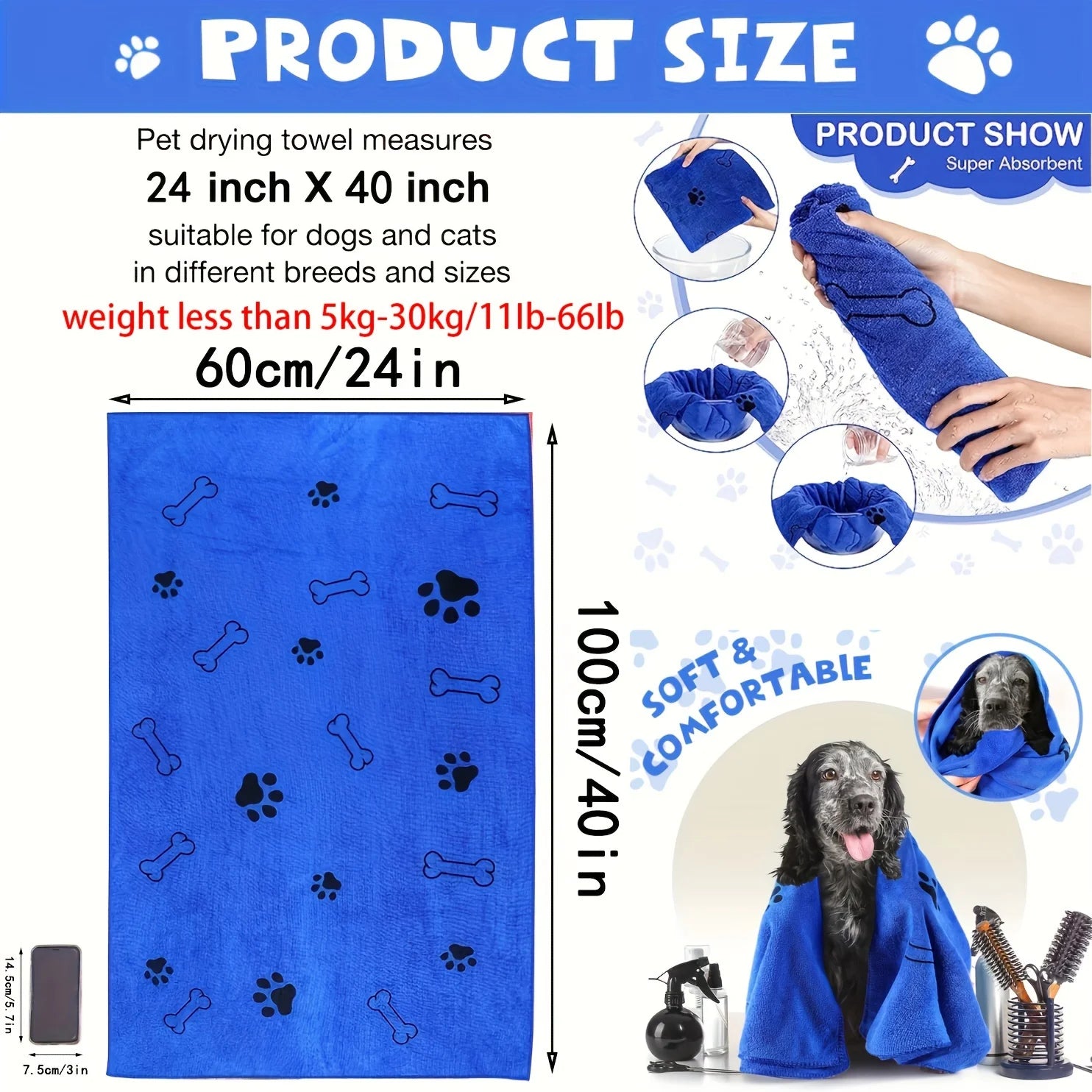 Quick-Dry Microfiber Dog Towel | Ultra Absorbent Pet Bath Towel for Dogs & Cats